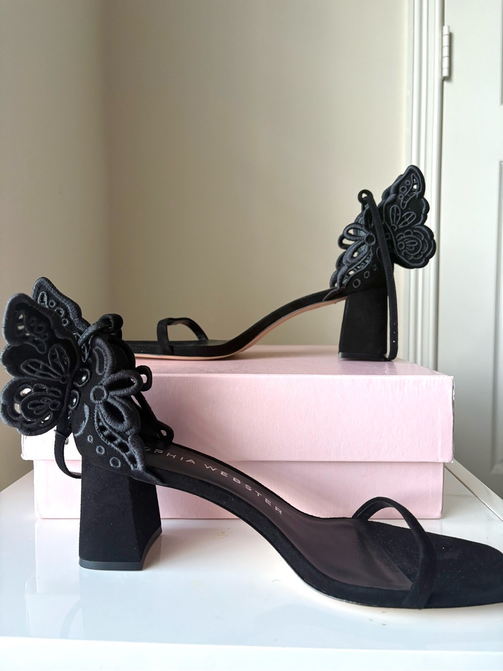 Sophia Webster Black Suede Butterfly Block Heel Sandals